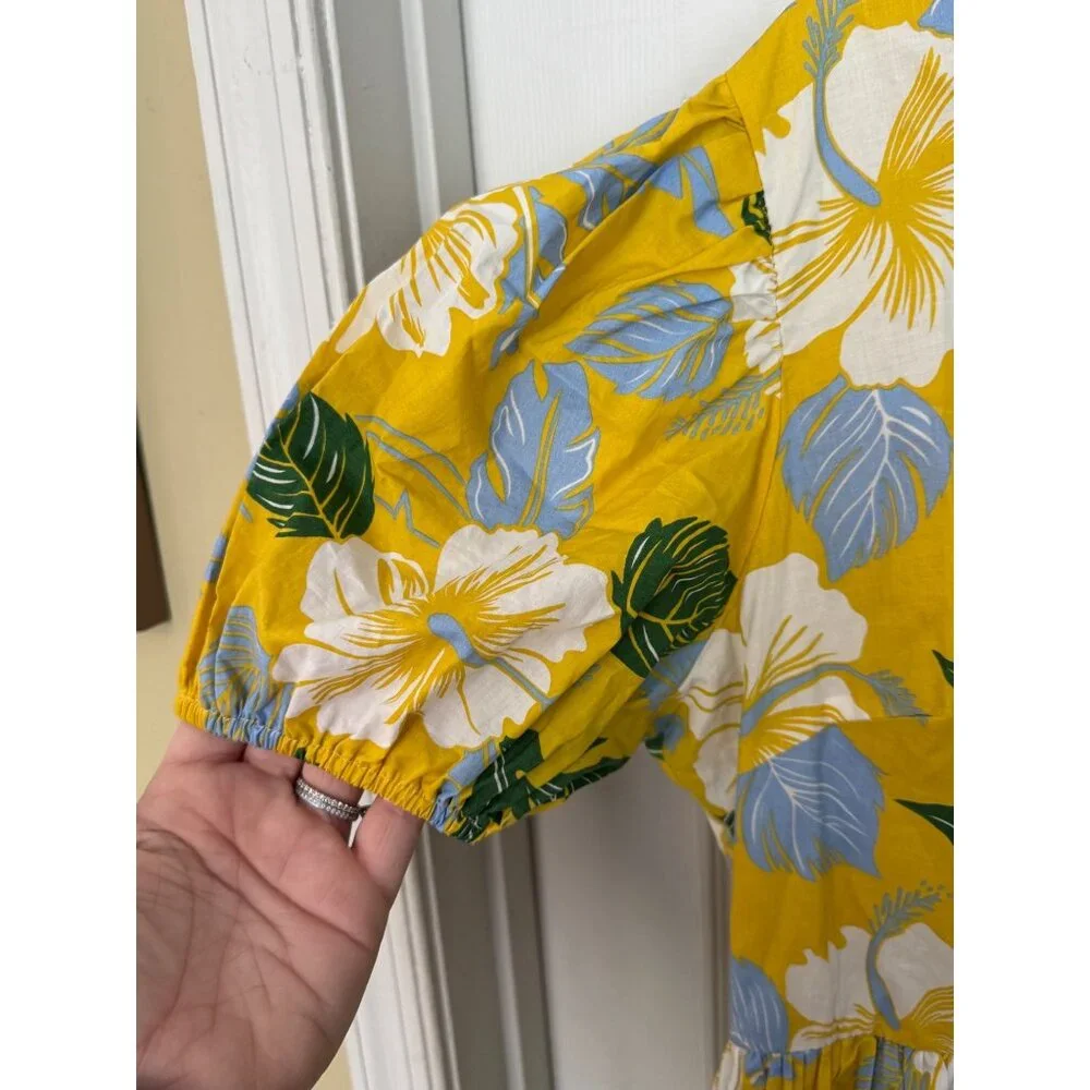 INA Yellow Tropical Floral Short sleeve V-neck Mini Dress Size Large - Picture 8 of 13